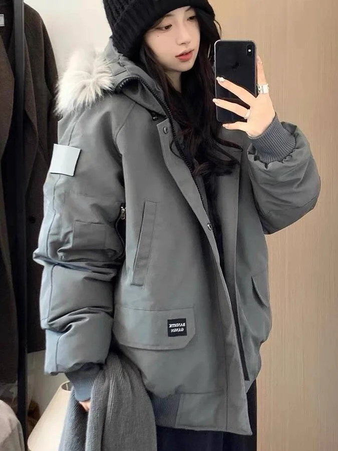 

American Style Retro Workwear Parka Cotton Jacket Women Winter New Korean Loose Large Fur Collar Cotton Coat Outerwear