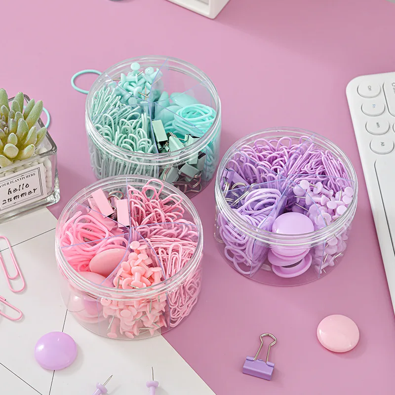 Macaron Paper Clip Leather Band Office Combination Bucket Pushpin Long Tail Clip Multi-specification Storage Set Binder Clips