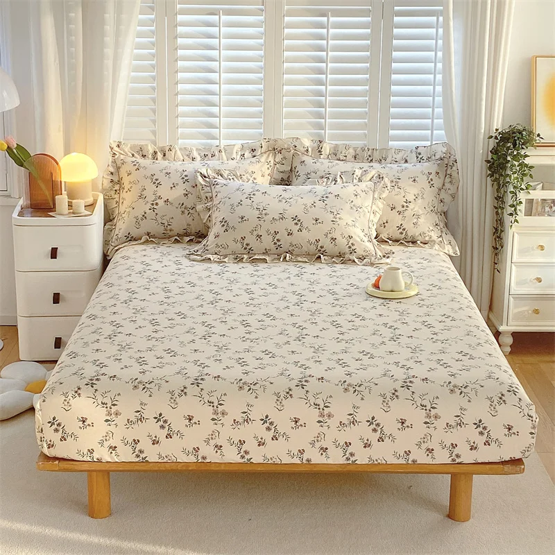 Bonenjoy 1 pc 100%Cotton Fitted Sheet Floral Flower Printed Bed Cover with Elastaic Queen/King Size Bed Fitted Sheet 180x200cm