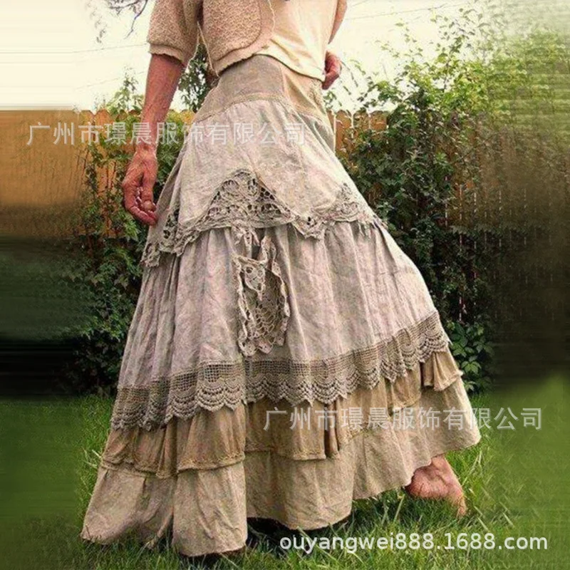 2025 Spring New Women's Long Dress Splicing Lace Pendulum Cake Skirt
