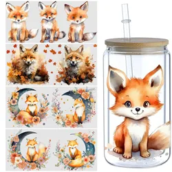 5 Sheets Fox UV DTF Mug Stickers, Glass Sports DTF Transfer Stickers, Waterproof Cute Fox Wipe-On Transfers for 16 oz Glass, Mug