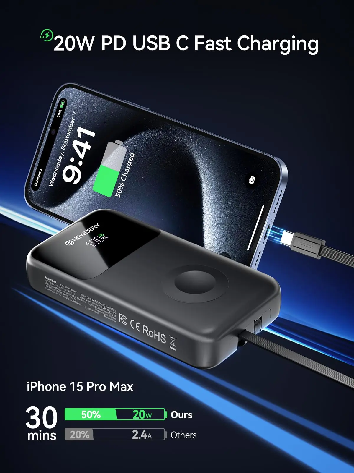 Powerbank Travel Battery Pack 20000mAh شاحن محمول لجميع iWatch، iPhones، Samsung Power Bank كابلات مدمجة شحن سريع #3
