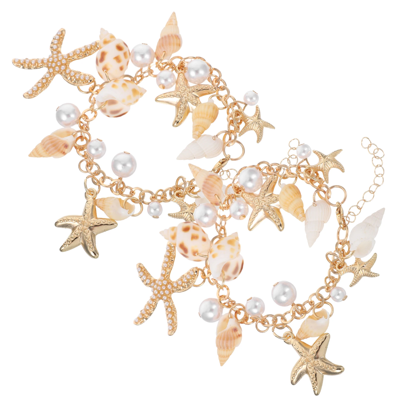

2Pcs Shell Bracelet Lightweight Premium Material Adjustable Size Women Jewelry Beach Pearl Bracelets Sea Star Conch Style Gifts