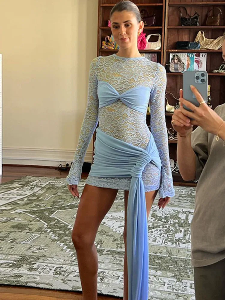 Articat Abito slim a maniche lunghe patchwork in pizzo con scollo tondo sexy Abito da donna elegante con cravatta attillata Abito da sera da club per feste autunnali