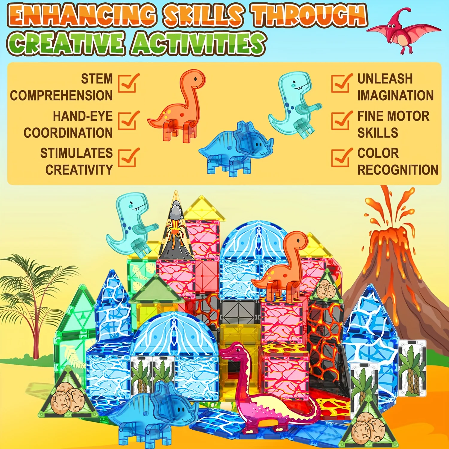 ของเล่นบล็อกแม่เหล็ก, กระเบื้องแม่เหล็ก, ธีมภูเขาไฟไดโนเสาร์, บล็อกสร้างสรรค์เหมาะสำหรับของขวัญวันเกิดวันหยุด