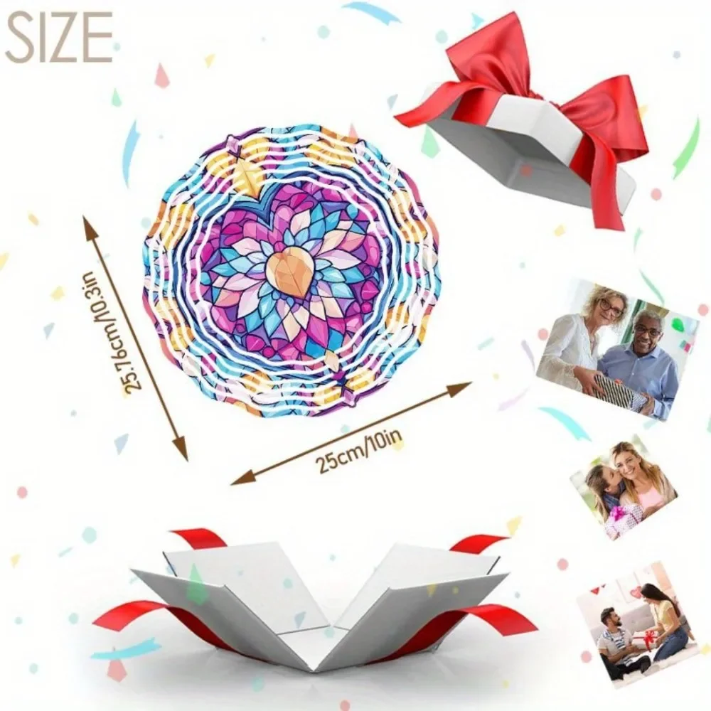 CIFBUY Heart Mandala Wind Chime Colorful Synthetic Gemstone Metal Wind Powered Rotating 3D Garden Art Decor No Batteries Needed