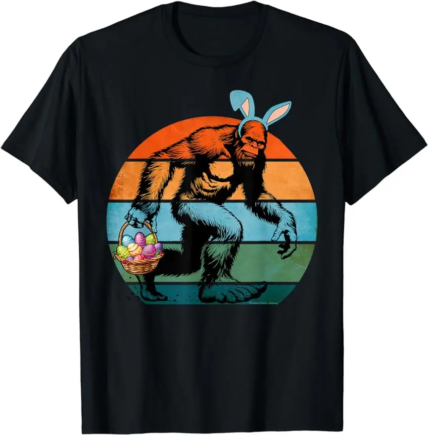 2024 New Fun Bigfoot with Easter Shirt Basket Bunny Ears Casual Comfort T-shirt