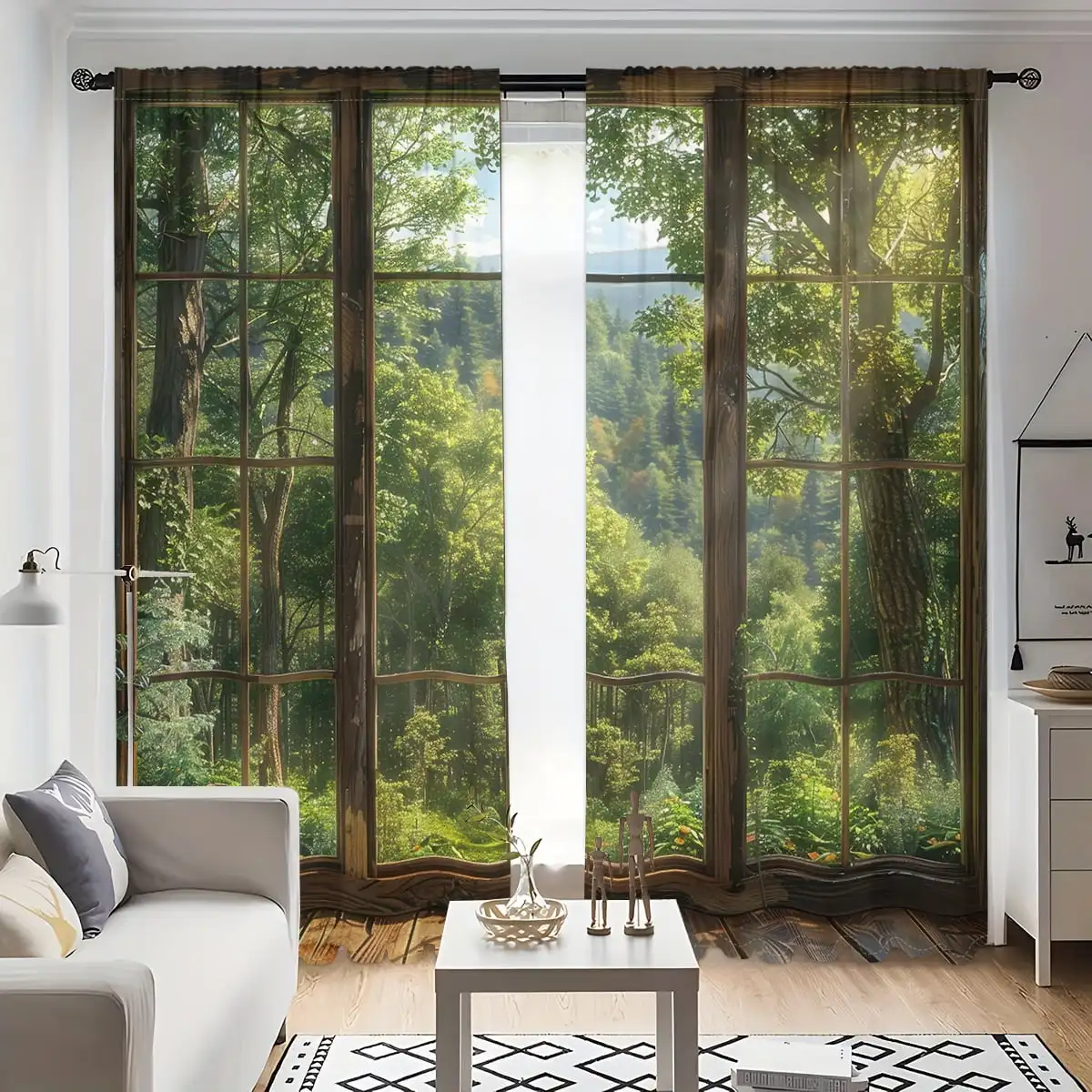 2pcs Curtains Peach Skin Polyester Realistic Wooden Window Frame Forest View Light Filtering Young People Bedroom Living Room