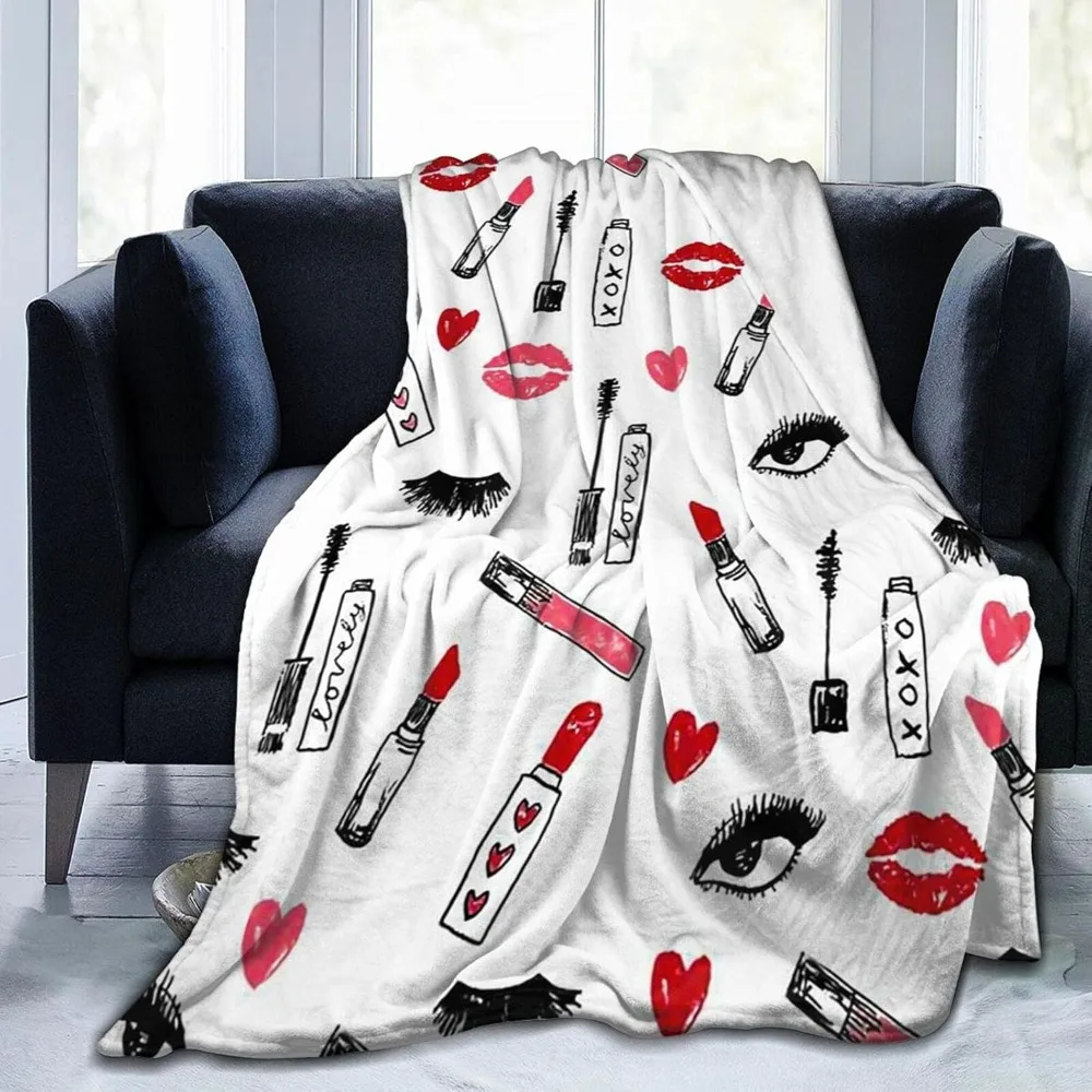 Makeup Print Mascara Beauty Lipstick Eyes Lashes Girls Throw for Spring Recliner, Air Conditioning Blanket