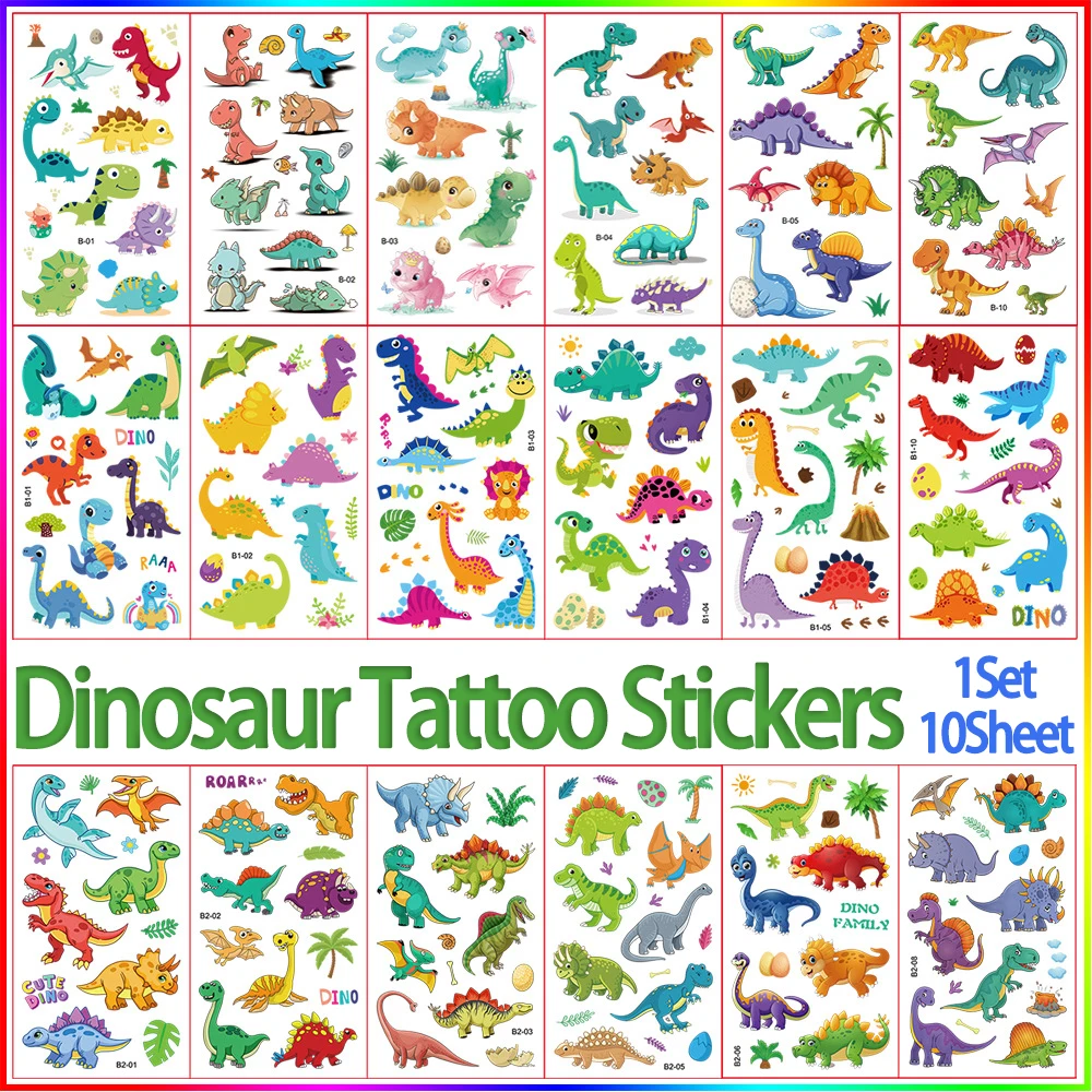 10 fogli adesivi tatuaggio temporaneo dinosauro bandiera Star Liberty Shower regalo per bambini autoadesivo trucco corpo tatuaggi