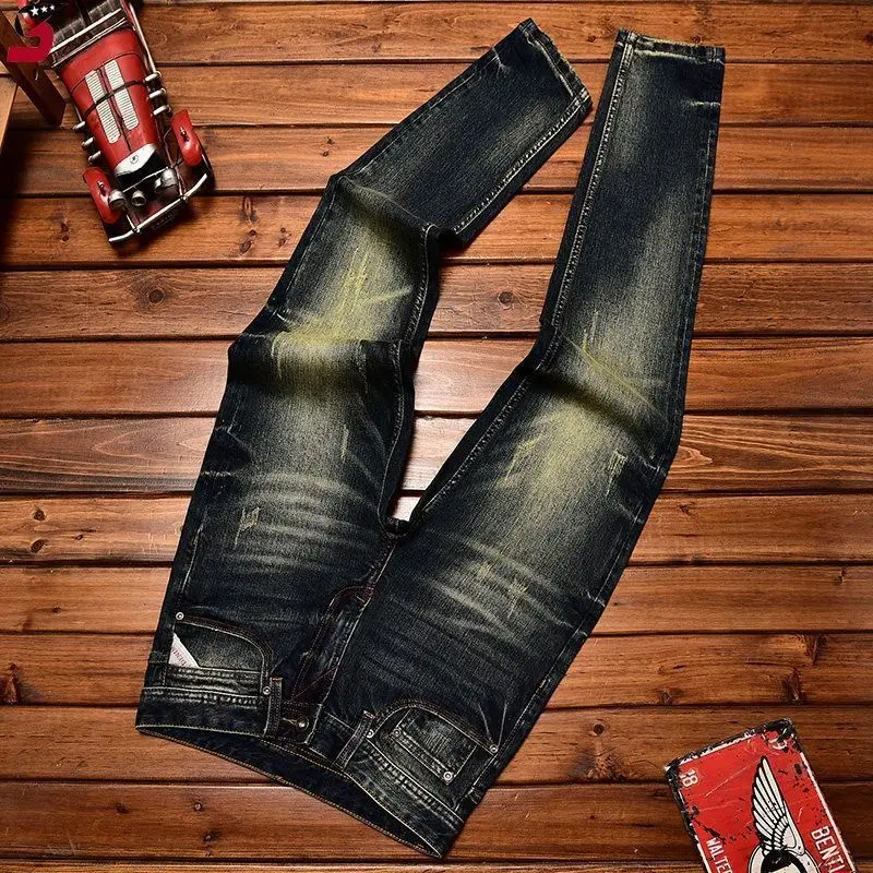 Korean Popular Light Luxury Trendy Brand Men's Spring and Summer New Elastic Jeans Vintage Slim-fit Design Small Feet Trousers