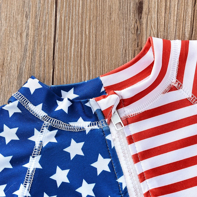 Kids American Flag Print Rash Guard Swimsuit Toddler Boys 4th of July Patriotic Zip Front  Bathing Suit