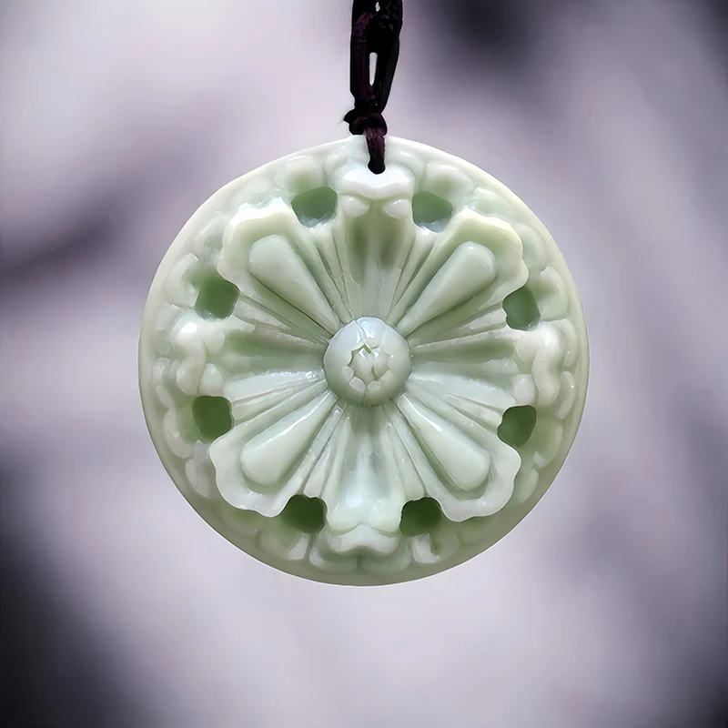 

Natural Real Jade Flower Pendant Necklace Charm Accessories Gemstones Carved Jewelry Talismans Gifts for Women Men Amulet