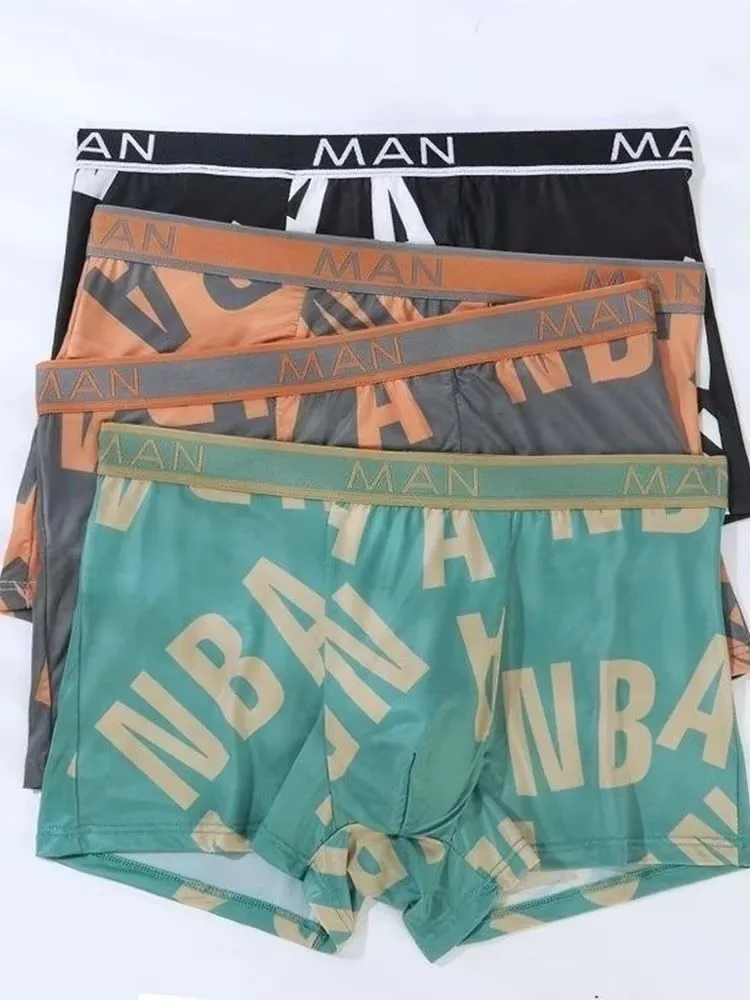 4Pcs Printed Fashionable Sports Casual Men's Boxer Mix Match Six Colors Thin Ice Silk Lightweight Breathable Men's Underwear