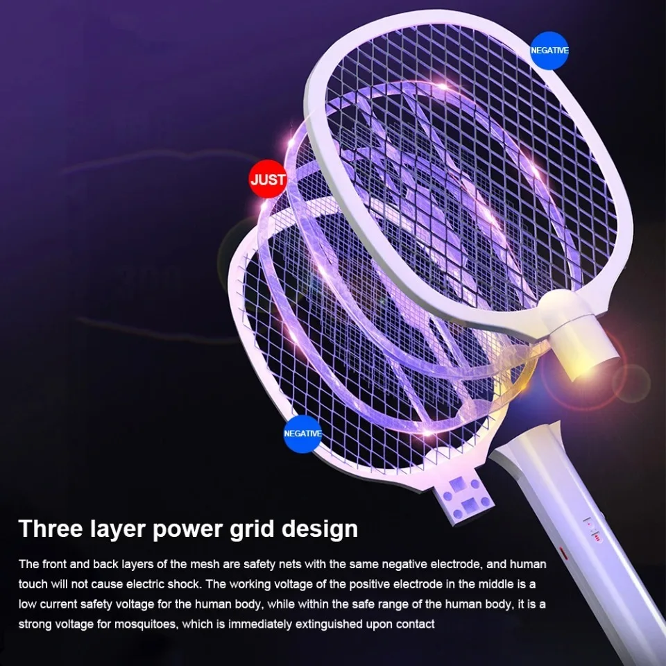 Handheld Electric Fly Swatter Bug Zapper Racket Usb Rechargeable Mosquito Killer Lamp 2 In 1 Pest Control 3000v JJ2664