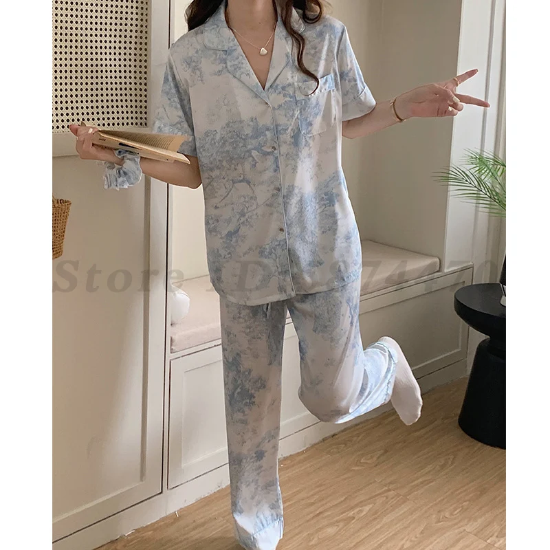 Female Sleepwear Long Sleeve Pajamas Trouser Suits Sexy Silky Satin Nightwear 2PCS Pyjamas Loungewear Loose Casual Home Clothes