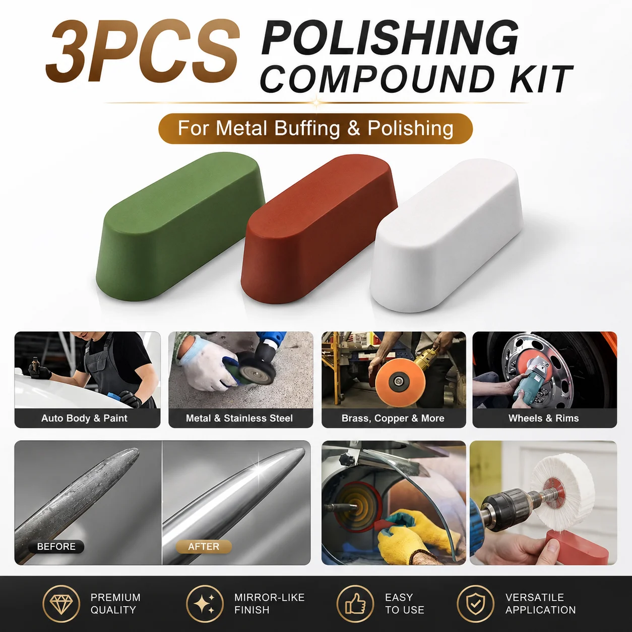 3Pcs 30g Metal Polishing Compound Kit, Buffing Bars for Stainless Steel Car Wheels Jewelry Aluminum Mirror Finish