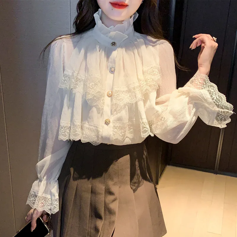 Vintage Chiffon Blouse Fashion Women Stand Collar Ruffles Shirts Woman Long Sleeve Lace Blouses Femme Tops Elegant Blusas 23057