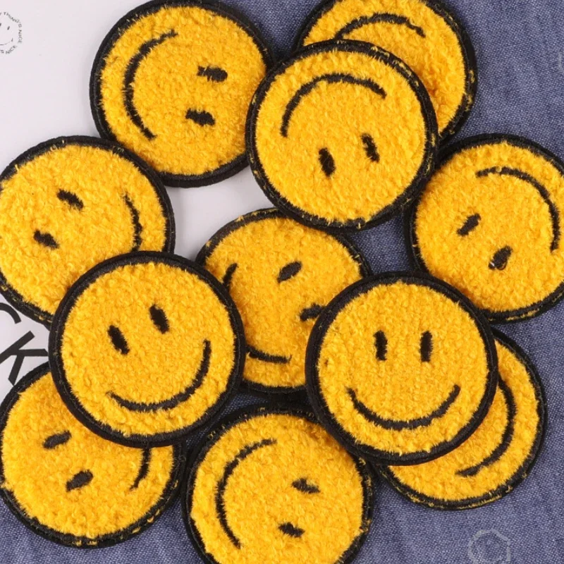 Smile Face Chenille Towel Embroidered Iron on Patches for Clothing Round Badges Girls Kids Bag Shoes DIY Appliques Accessories