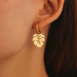 Stainless Steel Earrings Bohemian Tropical Plant Leaves Pendants Retro Glossy Aesthetic Hoop Earrings For Women Jewelry Girl New