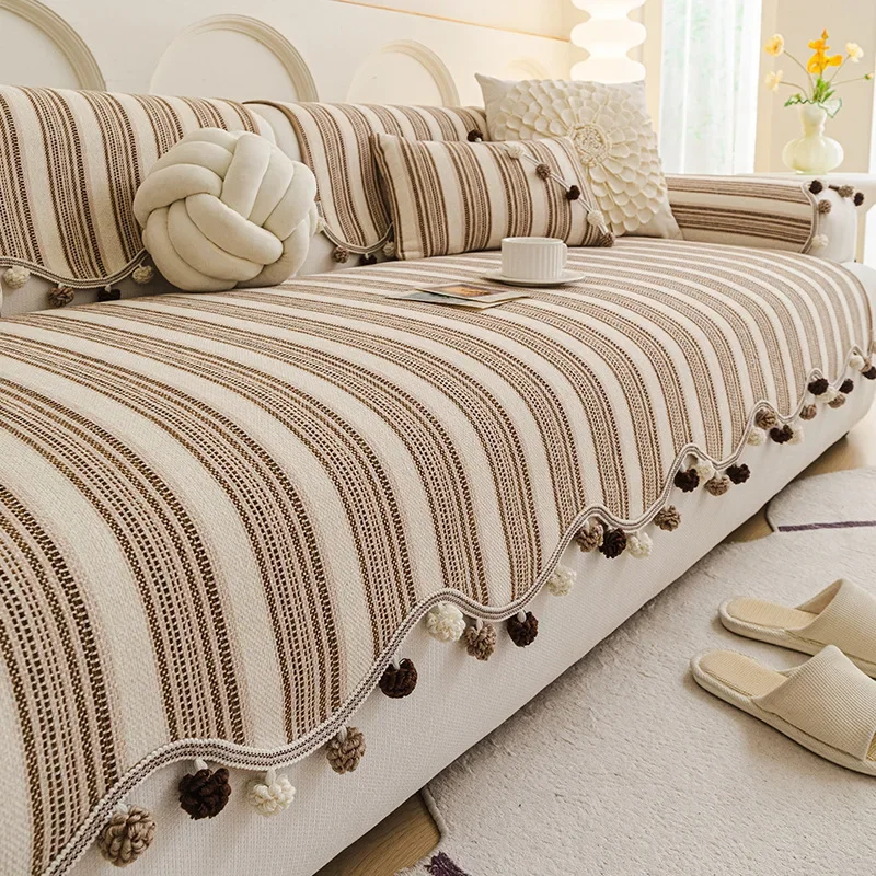 Stripe Chenier Sofa Cushion with Fur Balls Irregular Anti-Slip Sofa Cover for Living Room Cozy Wear-Resistant Couch Slipcover