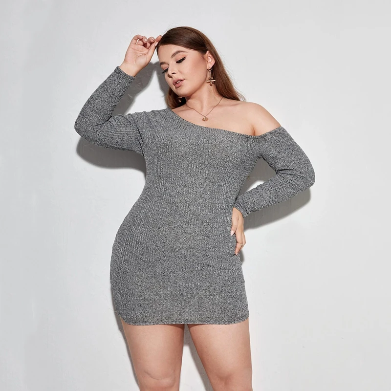 Plus Size Sexy Oblique Neck Elegant Spring Autumn Dress Long Sleeve Off Shoulder Ribbed Bodycon Dress Large Size Mini Dress 7XL