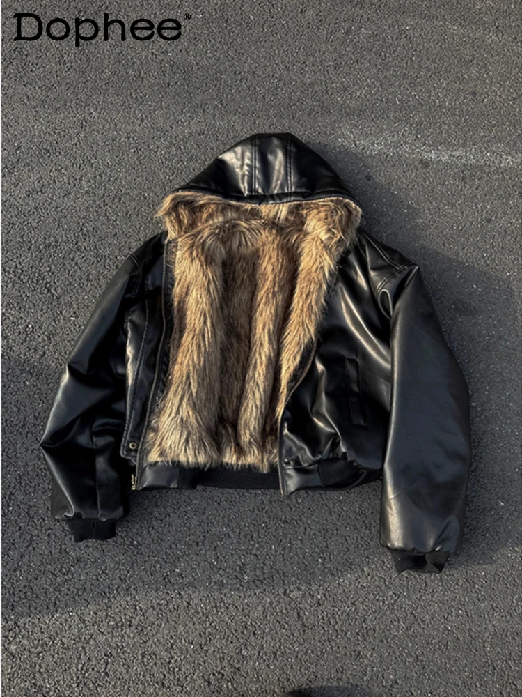 

Men's 2025 Winter New Hooded Faux Fur Thickened Parkas Fashion Jackets Fur Integration Double-sided Wear Faux Leather Jackets