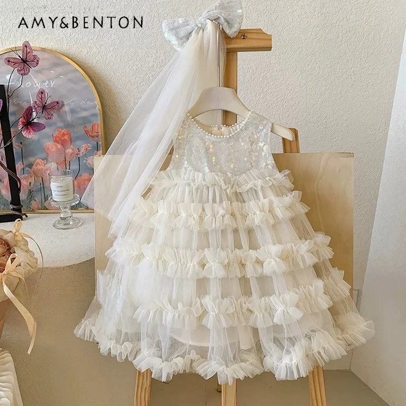

Girls' Sleeveless Sequin Tulle Cake Dress with Matching Headwear Princess Party Gown for Birthdays Weddings Special Occasions