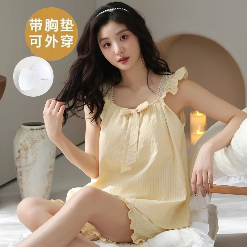 

Summer Spaghetti Strap Pajamas Set with Bra Pad For Female Shorts Homewear 2pcs/set Women Sexy Sleepwear Dropship