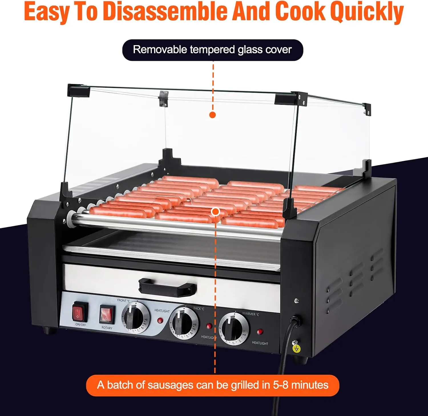 TWISTER.CK 1950W Commercial Hot Dog Roller – 11-Roller, 30 Hot Dog Capacity, Stainless Steel Sausage Grill with Removable Oil Drip Tray, Dual Temperature Control & Glass Hood, for Parties & Restaurants