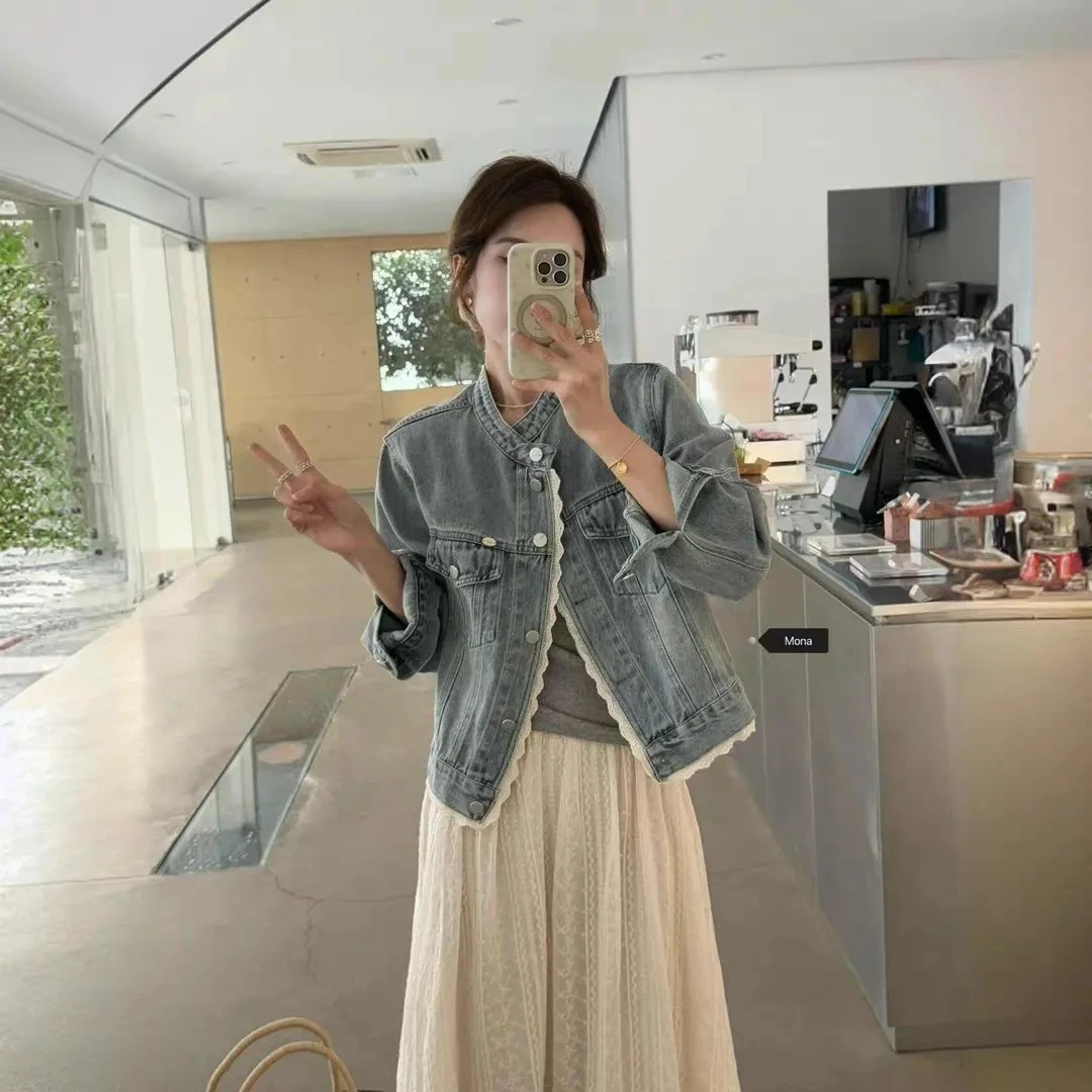 

Корейская весенняя кружевная джинсовая куртка для женщин 2025 Новый короткий дизайн Джинсовое пальто Тонкая куртка с круглым вырезом Топ Женское джинсовое пальто