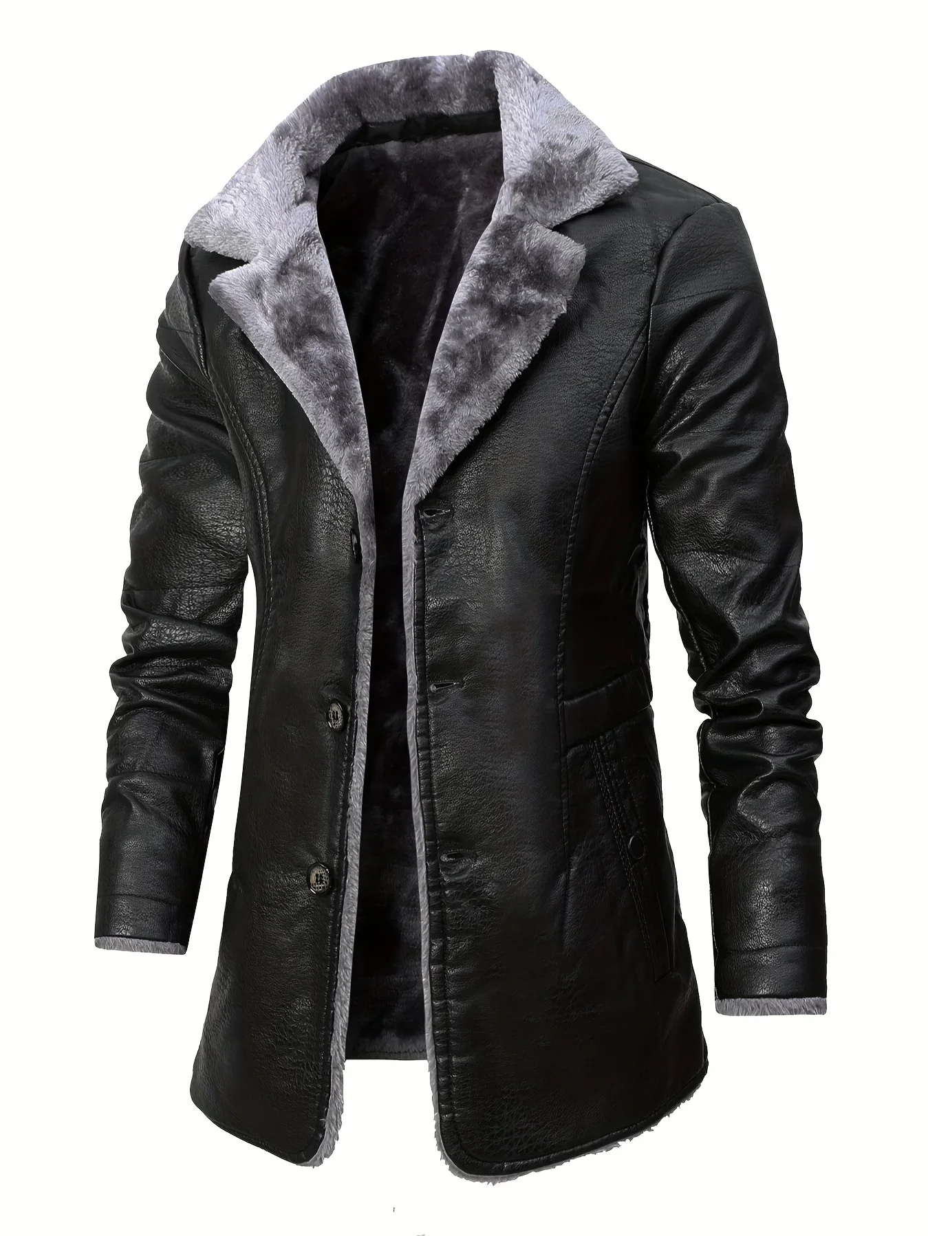 Men's Medium and Long PU Leather Jacket, Business Velvet Lapel Blazer, Single-Breasted Vintage Design Jacket