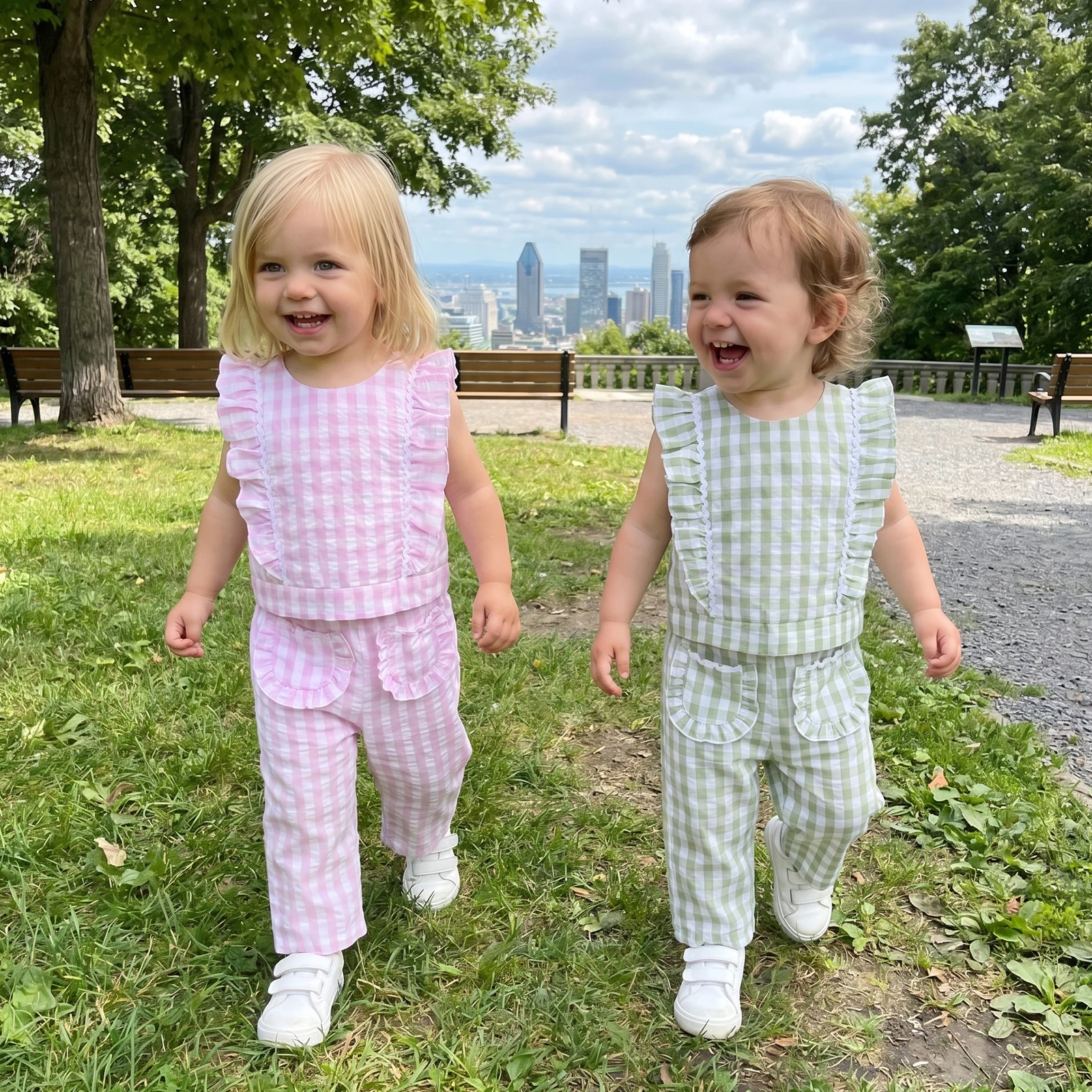 1-5Y Girl Gingham Pants Set Stylish Ruffled Trim Sleeveless Shirt Tops Plaid Wide Leg Pants 2 Pcs Children's Outfits Set