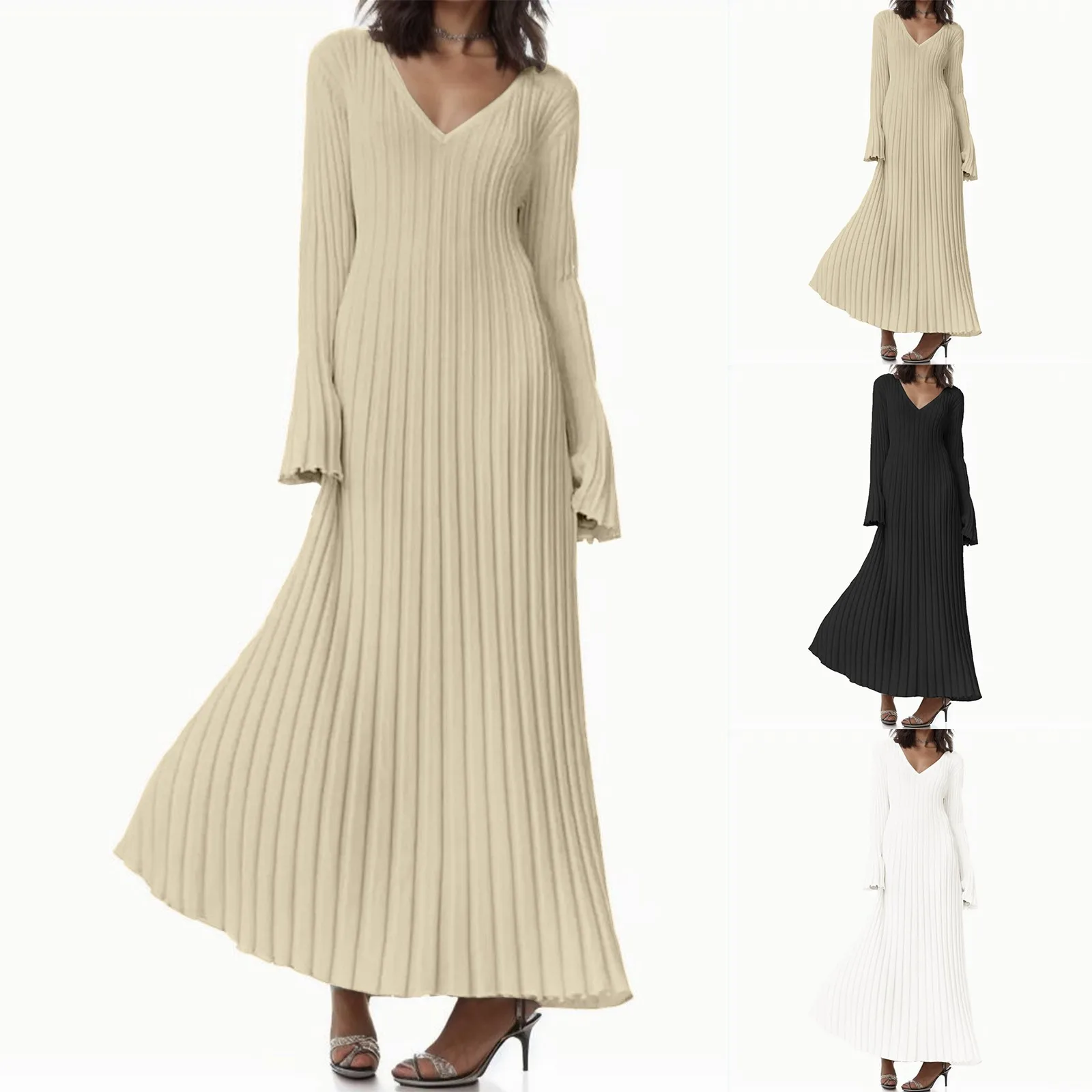 

Women Knitted Long Dress Autumn Winter 2023 Elegant Pleated A-line Midi Dresses Female V-neck Casual Ladies Ribbed Maxi Robe