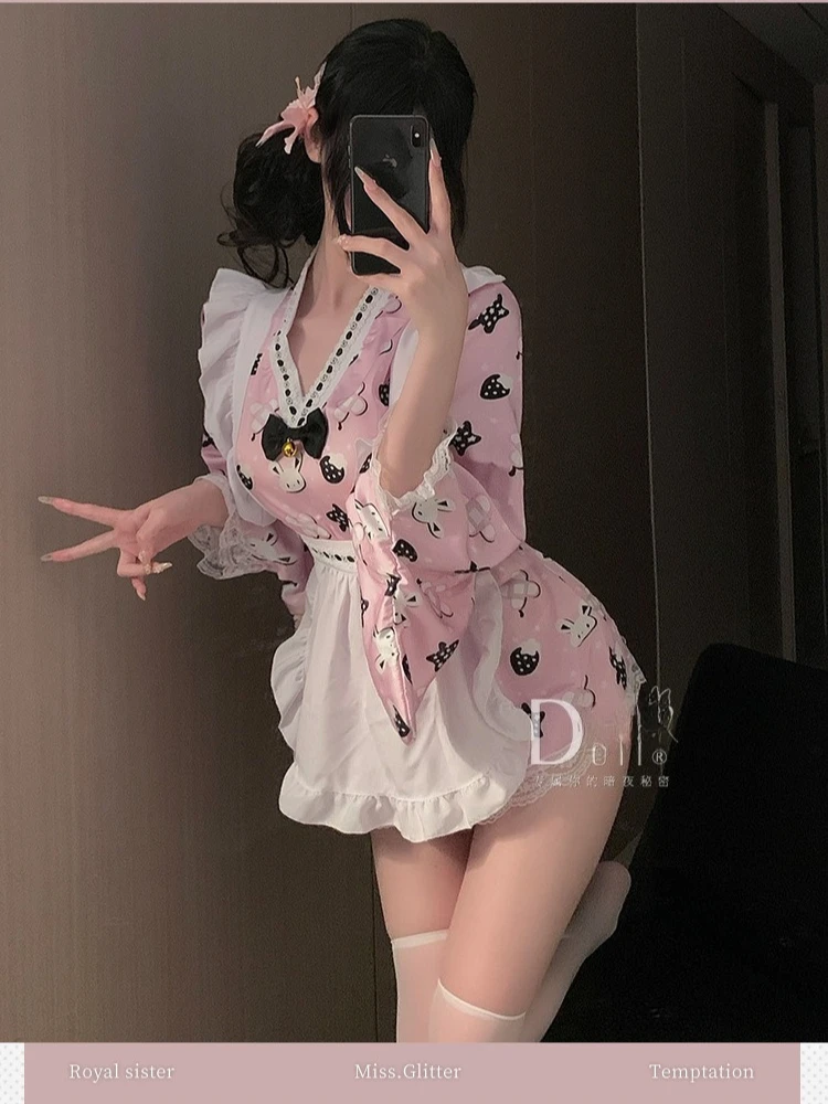 Plus size cos quimono uniforme bonito dos desenhos animados impressão tradicional arco cinto yukata roupão sexy boate empregada desempenho lingerie