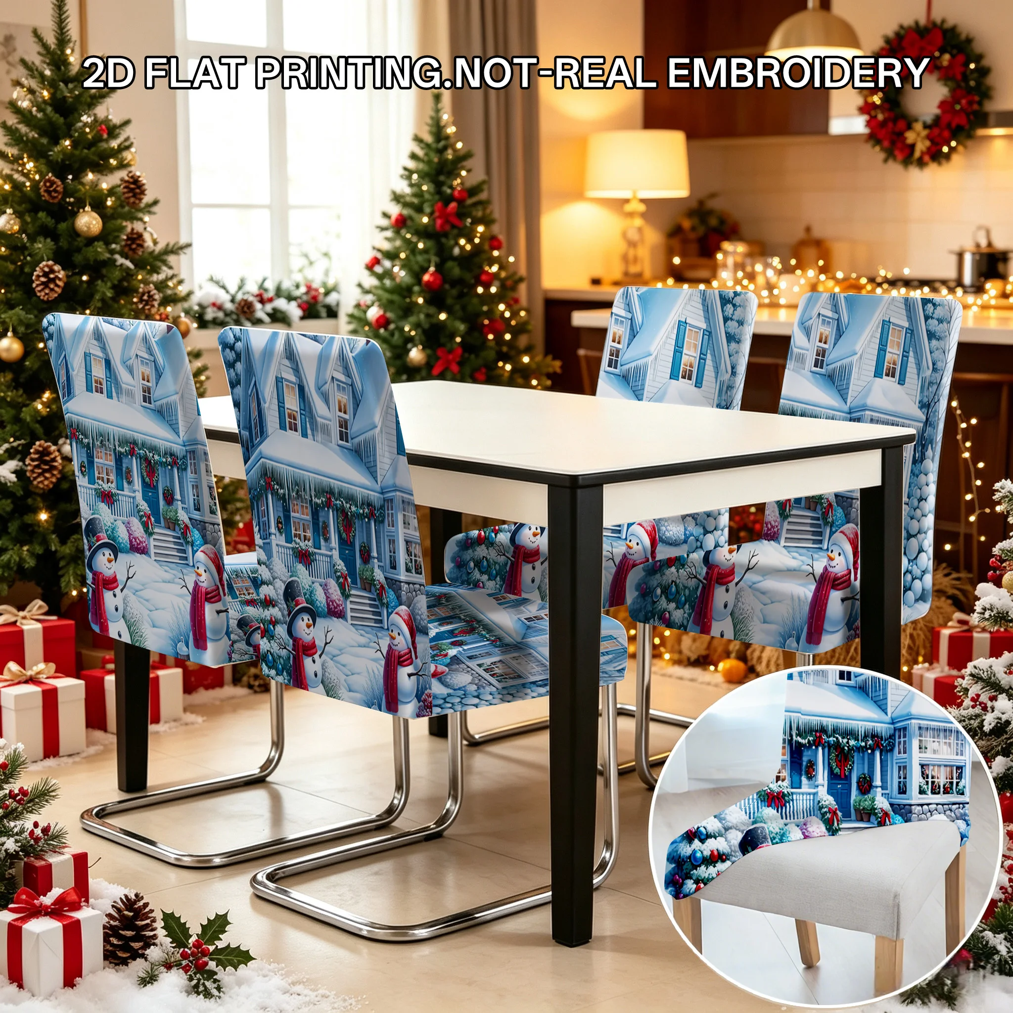 2/4/6 PCS Christmas snow house, snowman dining chair covers 2D flat printed snow view Christmas restaurant holiday decoration