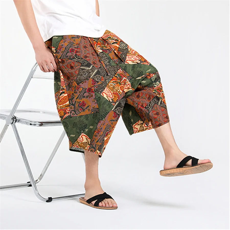 

Мужские пляжные шорты в стиле Харадзюку большого размера, мужские хлопковые льняные широкие шаровары для бега, мужские свободные брюки с принтом в стиле хип-хоп