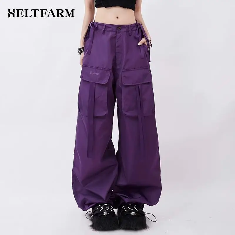 Vintage Dopamine Baggy Purple Cargo Pants With Large Pockets For Women Y2k Korean Fashion Bottoms