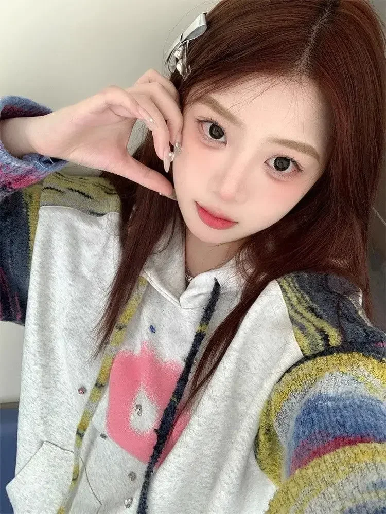 

Американские толстовки с шляпой, женские винтажные красочные лоскутные толстовки на осень-зиму, Новое поступление, милые студенческие толстовки с капюшоном, уличная одежда