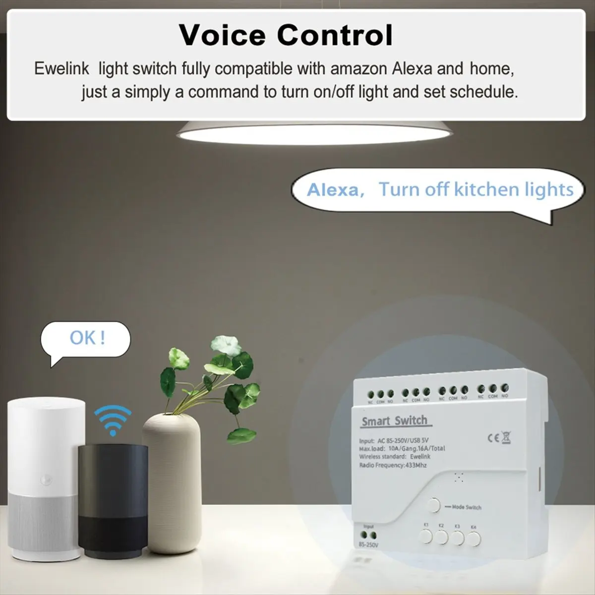 ABIU EWelink Smart Remote Control Wifi Switch Module 4CH AC 85-250V USB 5V Inching Self-Locking RF433 Receive 4 Way Relay