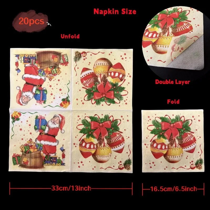 20pcs 2Ply Cartoon Santa Claus Bell Wreath Bow Pinecone Pattern Christmas Napkins Party Decoration Tissue DIY Decoupage Paper