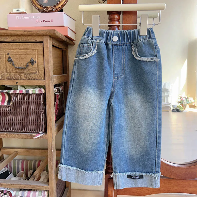 

Children's Jeans New Spring and Autumn Korean Style Little Girl Loose Straight Wide Leg Jeans Fashionable Kids' Clothing