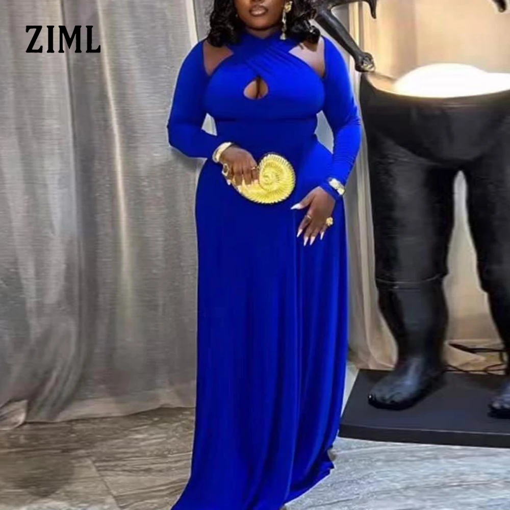 

ZIML Solid Hollow Out Sexy Slimming Dresses for Women Round Neck Long Sleeve Temperament Folds Dress Female Fahsion Style New