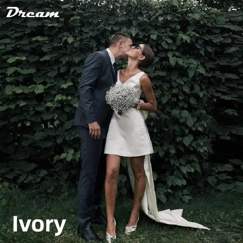 DREAM Customized Short Mini Satin V Neck Bridal Gown Large Bow Open Back Sleeveless Above Knee Length Wedding Party Dresses 2026