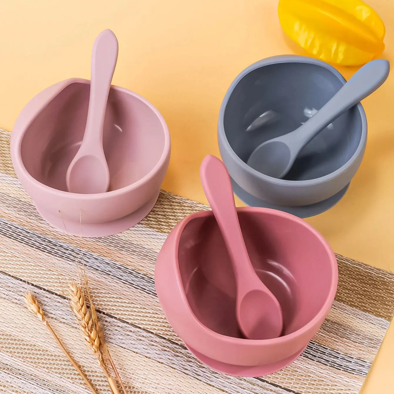 2PC Silicone Suction Cup Bowl Infant Rice Bowl Baby Supplementary Bowl Feeding Tableware Wooden Fork and Spoon