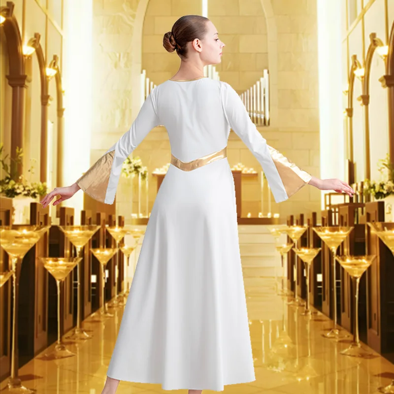 Women's Praise Dance Dress Long Sleeve Loose Fit Church Dancewear Metallic Full Length Liturgical Worship Costume Dance Dress
