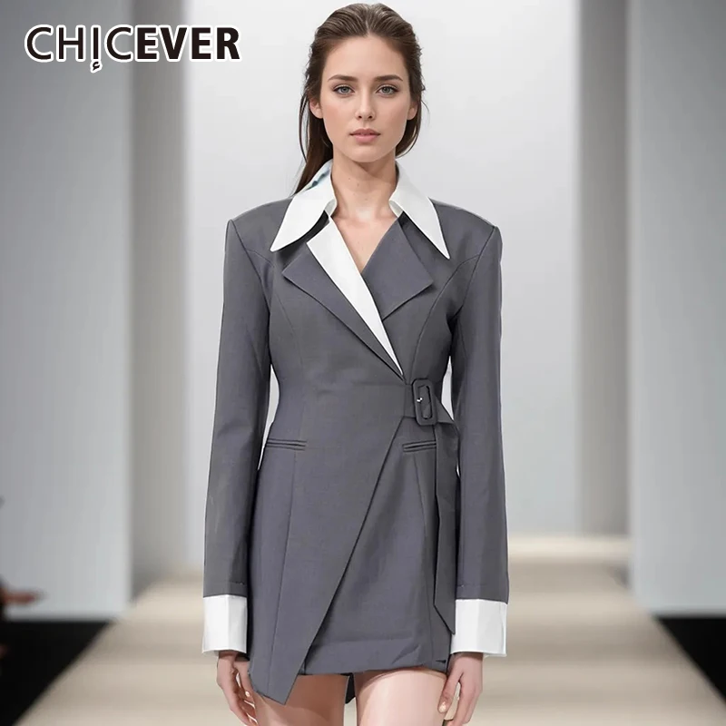 

Casual Colorblock Patchwork Belt Blazer For Women Notched Collar Long Sleeve Spliced Pocket Blazers Female Fashion Clothing New
