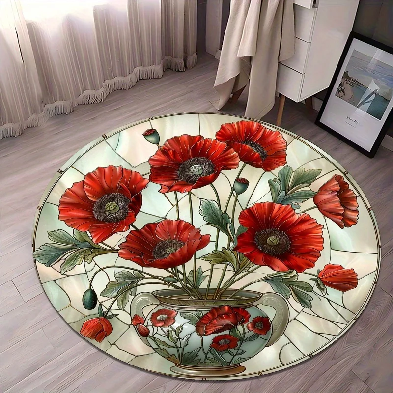 Graceful Red Poppy Flannel-printed round floor mats are slip-resistant Suitable for living room bedroom terrace garden carpets