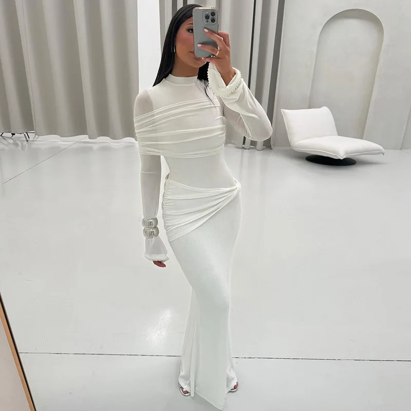 

Maxi Mesh Pleated Dress Evening Club Wear Dresses Women Summer Outfits Sexy Bodycon Long Party Elegant Prom Dress