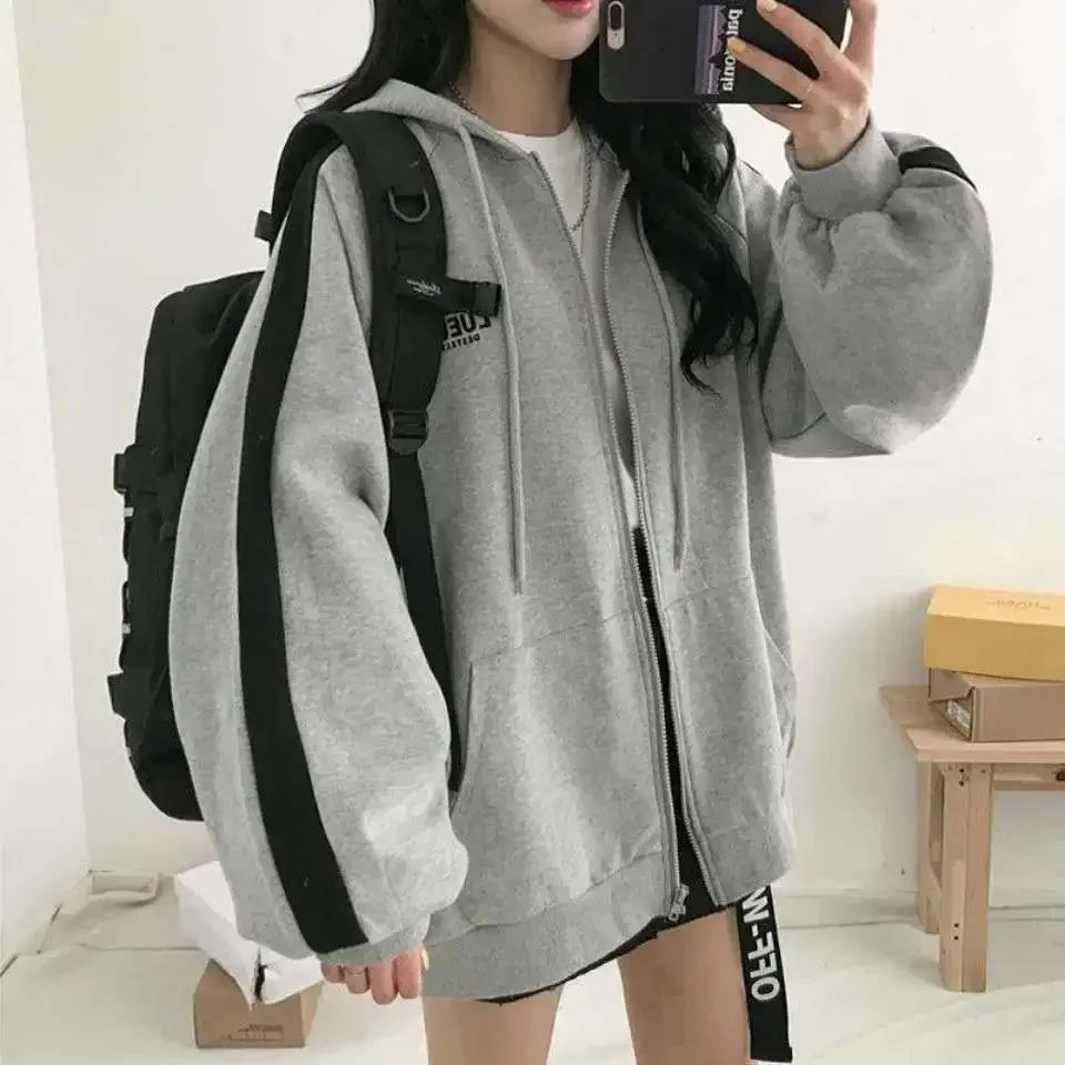 Kadınlar Casual boy kazak kadın Streetwear kapşonlu palto cep gevşek Zip Up Harajuku Hoodies ceket kadın fermuar bez